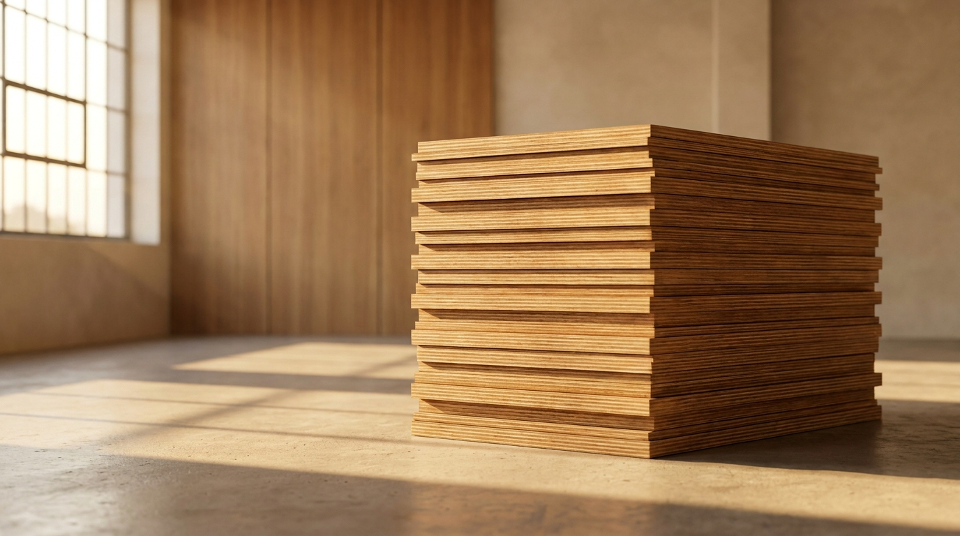 Sri Sri Plywoods showroom — stack of premium plywood sheets in warm light
